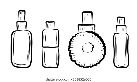 Perfume en botellas de diferentes formas, en línea estilo de arte, línea, arcos, flores, olor. Ilustración vectorial