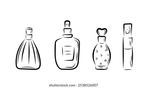 Perfume em diferentes garrafas em forma, em estilo de arte de linha, linha, arcos, flores, cheiro. ilustração vetorial