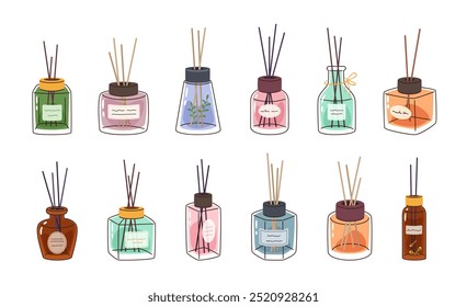 Difusores de perfume. Garrafas de óleo essenciais de fragrância desenhadas à mão com canas. Frasco de vidro de aromaterapia com varas, decoração caseira perfumes conjunto de ilustração vetor isolado.