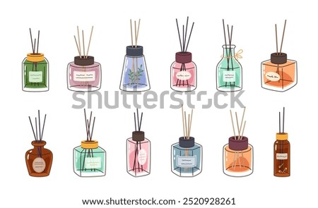 Perfume diffusers. Hand drawn fragrance essential oil bottles with reeds. Aromatherapy glass bottle with sticks, home decor perfumes isolated vector illustration set.