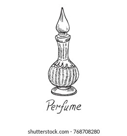 Perfume eastern style vintage bottle with inscription, hand drawn doodle sketch, isolated vector color illustration