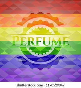 Perfume emblem on mosaic background with the colors of the LGBT flag