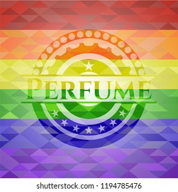 Perfume emblem on mosaic background with the colors of the LGBT flag