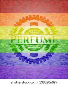 Perfume emblem on mosaic background with the colors of the LGBT flag