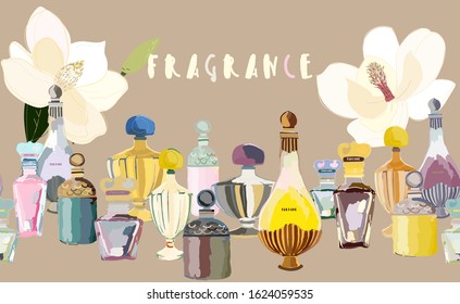 Perfume flacons and large flowers of magnolia pink vector background. Text fragrance. EPS 10