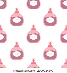 Patrón sin fisuras de los flacones perfumes. Botellas perfumes de fondo blanco. Textura sin fisuras de Doodle. Diseño para tela, tarjetas y papel pintado. Líquido aromático en el vial. La industria de la belleza. ilustración vectorial