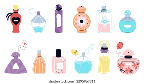 Perfume flat bottle, perfumes cartoon icons. Scented water beauty packaging, women and girl fragrance doodle decorative decent vector elements