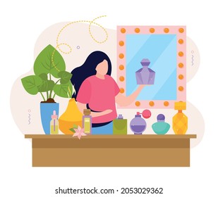 Perfume flat composition with female character in front of table with colorful jars with wall mirror vector illustration