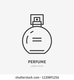 Perfume flat line icon. Beauty care sign, illustration of liquid in spray bottle. Thin linear logo for cosmetics store.