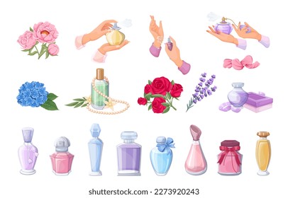 Perfume and floral fragrance set vector illustration. Cartoon gift bouquets of different flowers, cosmetic transparent glass bottles with cologne or perfume water, hands holding perfumery containers