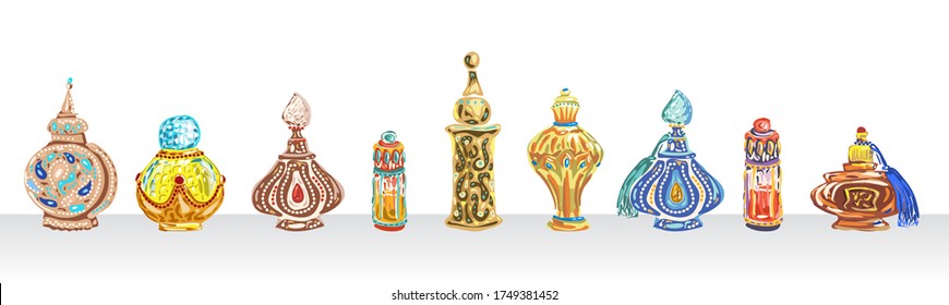 Perfume. Fragrance. Oil musk. Bakhoor. Arabic perfumery, aroma. Islamic design. Drawing perfume bottles, arabian style. Vector 