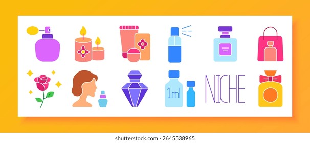 Ícone do conjunto de perfumes e fragrâncias. Garrafas, atomizadores, óleos, frascos de teste, sprays, cosméticos, velas, flores, frascos de cuidados da pele, embalagem e visuais relacionados ao perfume em estilo colorido.