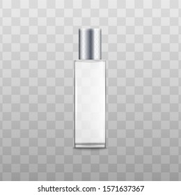 Perfume fragrance spray container or bottle with silver lid mockup realistic vector illustration isolated on transparent background. Aroma products packaging template.