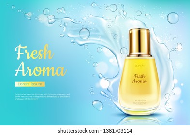 Perfume fresh aroma in glass bottle with water splash on blue blurred background. Packaging design mock up. Women fragrance cosmetic product, poster, promo ad. Realistic 3d vector illustration, banner