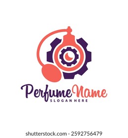Perfume with Gear logo design vector illustration. Perfume logo concept template