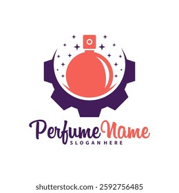 Perfume with Gear logo design vector illustration. Perfume logo concept template