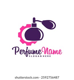 Perfume with Gear logo design vector illustration. Perfume logo concept template