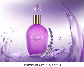 Perfume glass bottle. The aroma of lavender flower. Vector illustration