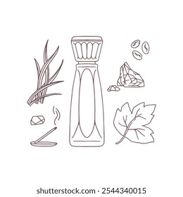 Perfume glass bottle, aroma stick incense, coffee beans, herbal leaves, minerals vector flat icons set. Natural fragrance, aromatic ingredients, flavoring. Aromatherapy and meditation