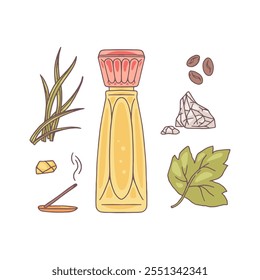 Perfume glass bottle, aroma stick incense, coffee beans, herbal leaves, minerals fragrance notes vector flat icons set. Natural fragrance, aromatic ingredients, flavoring. Aromatherapy and meditation