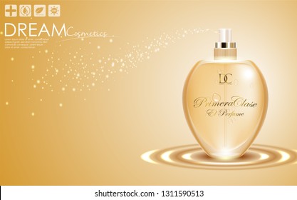 Perfume in a glass bottle on gold background 