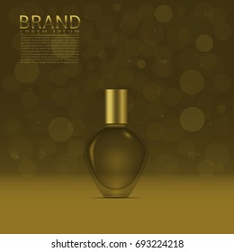 Perfume in a glass bottle on a golden sparkles background