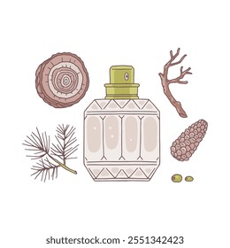 Frasco de vidro Perfume, cone de pinho, madeira de abeto e abeto vetor plana ícones conjunto. Fragrância natural de coníferas, ingredientes aromáticos, aromas lenhosos. Aromaterapia e meditação