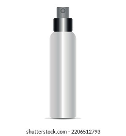 Perfume glass bottle. Square transpa packaging with steel, sprayer, text template, light liquid. 3d vector mockup for ad and branding. Beauty product illustration