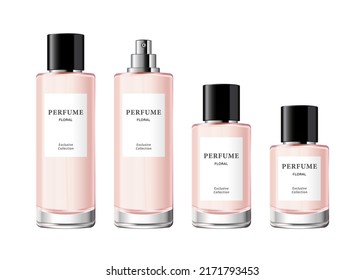 Perfume glass bottle template. Mockup of cylinder minimalist fragrance package in different volumes, with label, steel sprayer and black cap. 3d vector illustration isolated on white background. 