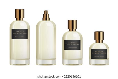 Perfume glass bottle template. Mockup of cylinder minimalist fragrance package in different sizes, with label, bronze sprayer and cap. 3d vector illustration isolated on white background. svg
