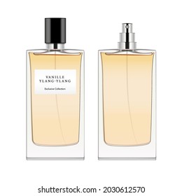 Perfume glass bottle template. Realistic mockup of rectangle minimalist fragrance package with label, opened and closed. 3d vector illustration isolated on white background. svg