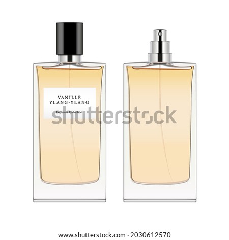 Perfume glass bottle template. Realistic mockup of rectangle minimalist fragrance package with label, opened and closed. 3d vector illustration isolated on white background.