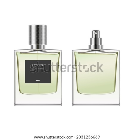 Perfume glass bottle template. Square transparent fragrance package with steel textured cap, spray, paper label, light green liquid. 3d vector mockup for ad and branding. Beauty product illustration.