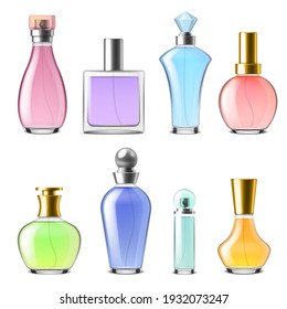 Perfume glass bottles. Realistic 3d cologne transparent packaging, colored fragrances with spray, cosmetic mockup, gold and silver caps. Cosmetic blank glamour packaging collection vector isolated set