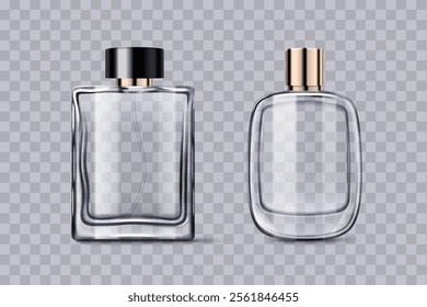 Perfume glass bottles set isolated on transparent background. Vector realistic illustration of containers with plastic black and golden caps, fragrance tester mockup, aroma spray or body lotion