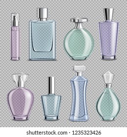 Perfume glass bottles set on transparent background realistic isolated vector illustration