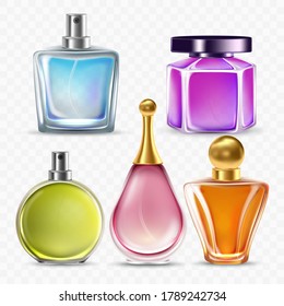 Perfume Glass Bottles Sprayer Collection Vector. Transparency Blank Perfumery Bottles In Different Form And Style Gift For Man Or Woman. Aromatic Fluid Containers Template Realistic 3d Illustrations