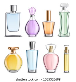 Perfume glass bottles various shapes caps and color 3d  realistic set on white background isolated vector illustration