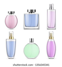 Perfume glass bottles various shapes caps and color. Vector illustration