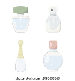 Perfume glass bottles various shapes caps and color realistic set on white background isolated vector illustration.