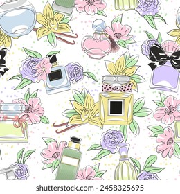 Perfume glass flasks seamless pattern. Repeated designer bottles with perfume, beauty cosmetic product, toilet water. Decor textile, wrapping, wallpaper design. Tidy vector background