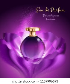 Perfume in glass vial with golden lid for woman advertising composition on purple background vector illustration 