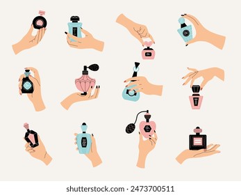 Perfume in hands. Woman holding cosmetic products in transparent bottles recent vector fragrance containers for perfume