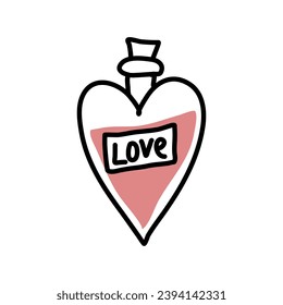 Perfume en una botella en forma de corazón, ilustración del doodle vectorial.