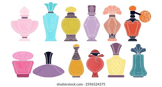 Perfume icon. Bottle fragrance. Woman s beauty aroma. Luxury natural liquid scent. Colorful cartoon design. Illustration set, fashion style. Vector cartoon flat style isolated illustration collection