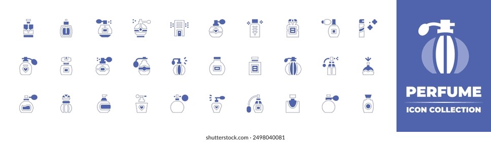 Perfume icon collection. Duotone style line stroke and bold. Vector illustration. Containing fragrance, perfume, fragance, airfreshener, airpurifier, parfum.