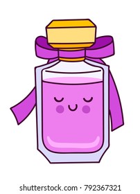 Perfume icon in doodle cartoon style isolated on white background. Cute character with smile. Vector illustration.