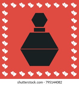 Perfume icon flat. Simple black pictogram on red background with white hearts for valentines day. Vector illustration symbol