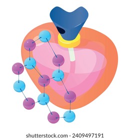 Perfume icon isometric vector. Shape heart bottle of perfume and molecule symbol. Parfum toilette, aroma, perfumery