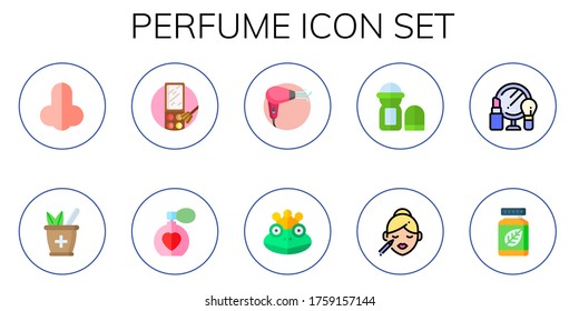 perfume icon set. 10 flat perfume icons. Included smelling, herbal, makeup, hairdryer, frog prince, deodorant icons